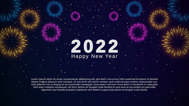 Happy New Year 2022 with Brightly Colorful Fireworks on Dark Blue Background with sparkling light. Happy New Year Firework Vector Illustration. Festival Fireworks Banner