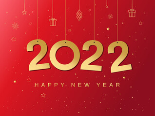 Happy new year 2022 greeting card. Hanging golden 2022 numbers. Glitter Background with gold stars. Chinese new year 2022. Vector illustration.