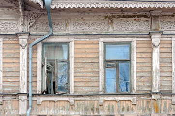 Facade of old wooden building in Kyiv Ukraine