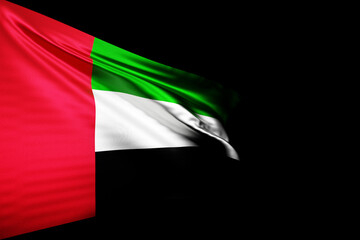 3D illustration of the national flag of United Arab Emirates on a metal flagpole fluttering against the black isolated background. Country symbol.