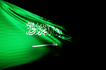 3D illustration of the national flag of Saudi Arabia on a metal flagpole fluttering against the black isolated background. Country symbol.