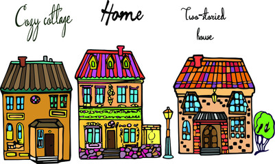 Vector hand drawn doodle house colored, Christmas decorated house, Christmas tree, New Year village house, colored doodle, countryside, snowfall, snow, lettering, country houses set