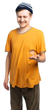 The Blind Poor Guy Smiles And Holds Out His Hand. Man In A Hat, T-shirt And Jeans. Isolated, White Background