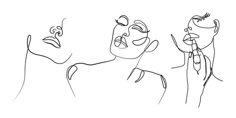 Continuous Line Drawing of Women Faces Set of 3. Abstract Faces Line Art Creative Concept Black Sketch Isolated on White Background. Female Minimalistic Illustration. Vector EPS 10