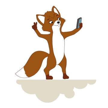 Fox takes pictures of himself, takes a selfie.
Vector illustration.