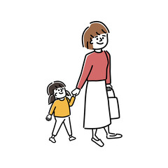 手をつないでいる女の子と母親のイラスト