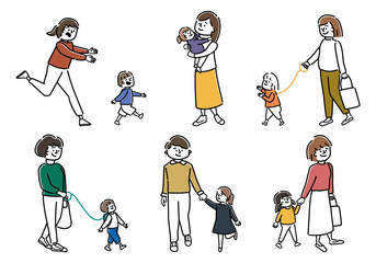 散歩をする親子のイラストセット