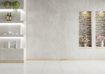 Living room with empty concrete walls decorated with flower vases and wine bottles.3d rendering.
