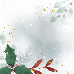 Fototapeta na wymiar Winter background vector. Hand painted watercolor flower and botanical leaves hand drawing for Christmas season. Square background design for social post, ad, cover, sale banner and invitation. 