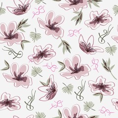 Abstract seamless floral pattern, vintage style, flowers, waves, shapes, geometric elements, ornament, white background, hand drawn, packaging, wallpaper, design for textiles, vector