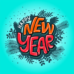 Happy New Year hand lettering calligraphy. Vector holiday illustration element. Typographic element for banner, poster, congratulations.
