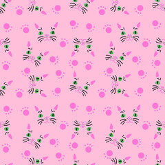 Light seamless pattern with kitten muzzles and paws. Perfect for scrapbooking, poster, textile and prints. Hand drawn illustration for decor and design.