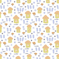 Doodle winter seamless pattern with houses, Christmas trees, birds and snowflakes. Perfect for T-shirt, textile and prints. Hand drawn illustration for decor and design.
