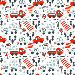 Seamless winter pattern of cars and trucks in snowfall. Perfect for scrapbooking, poster, textile and prints. Hand drawn illustration for decor and design.
