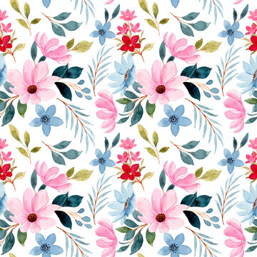 Pink blue floral watercolor seamless pattern