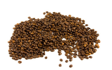 Scattered pile of roasted coffee beans isolated on white background.