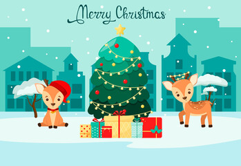 Christmas card with cute fawns and a Christmas tree.
