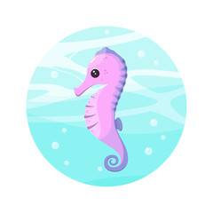 Cute seahorse in cartoon style on the background of the sea.

