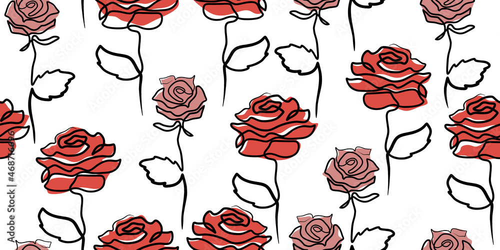 Poster continuous one line rose seamless pattern