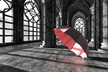 An open pink umbrella in a large hall with columns. The interior is in the Gothic style. Creative 3d illustration