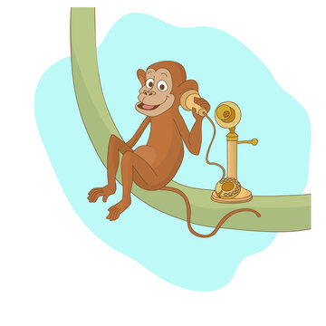 The Monkey Is Talking On The Phone. Vector Illustration.