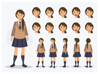 Obraz premium Set of Flat Vector Character Japanese student girl in uniform with various views, Cartoon style.