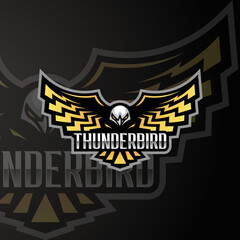 Strong Thunderbird Logo Mascot. Combination of incorporating thunderbolt/lightning and wings. A modern sport thunderbird logo. Can be used for the sport, esport, and gaming industries. - obrazy, fototapety, plakaty