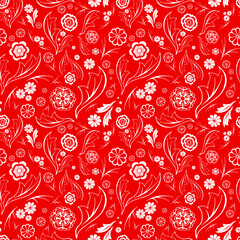 Outline doodle flowers random seamless pattern. Ditsy cute floral motifs irregular repeat surface design. Red and white contour endless texture for interior, textile, gift paper or copybook