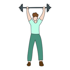 Muscular man lifting weights a barbel. Male bodybuilder. Gym activity. Fitness concept. Workout equipment. Vector colorful illustration
