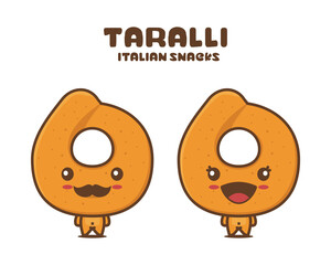 funny taralli cartoon mascot, italian traditional bread vector illustration