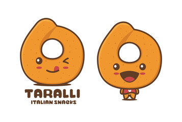 funny taralli cartoon mascot, italian traditional bread vector illustration