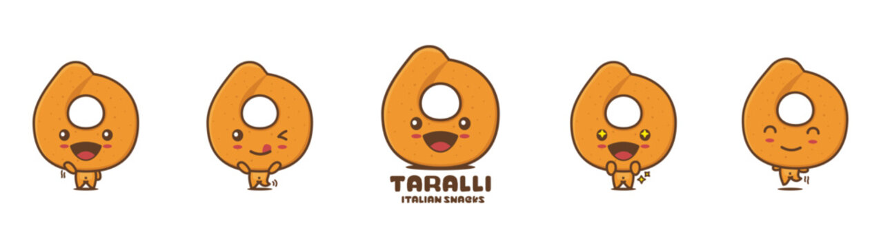 funny taralli cartoon mascot, italian traditional bread vector illustration, with different facial expressions and poses