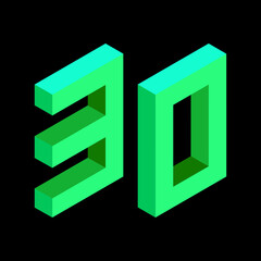 Light green number 30 in isometric style. Isolated on black background. Learning numbers, serial number, price, place.