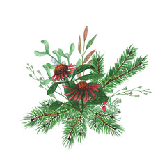 Watercolor illustration of a beautiful Christmas composition Christmas tree branch, mistletoe Decoration for a New Year card.