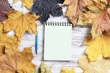 Obraz premium Spiral notepad and pen lies on vintage wooden desk