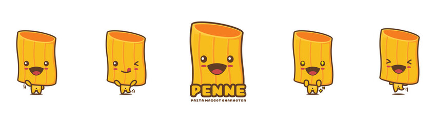 cute penne cartoon mascot, pasta vector illustration, with different facial expressions and poses