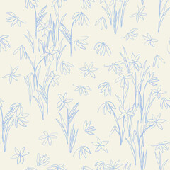 Blooming meadow seamlrss pattern. Hand drawn flowers with leaves and stems, vector illustration. Fabric design, stationery, wallpaper