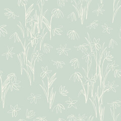 Blooming meadow seamlrss pattern. Hand drawn flowers with leaves and stems, vector illustration. Fabric design, stationery, wallpaper