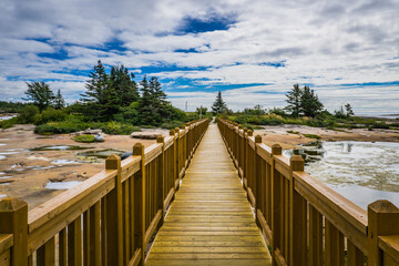 Boardwalk leading to Baie Johan Beetz park on the rocky shore of the St Lawrence river in Cote Nord...
