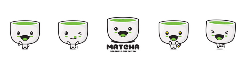 Matcha tea cartoon mascot, traditional japanese drink vector illustration, with different facial expressions and poses