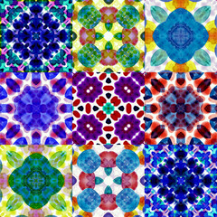 Bright abstract watercolor pattern. Portuguese tiles Azulejo. Spanish majolica. Seamless Mosaic background. Multicolored Flower mandalas.
