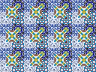 Bright abstract watercolor pattern. Portuguese tiles Azulejo. Spanish majolica. Seamless Mosaic background. Multicolored Flower mandalas.
