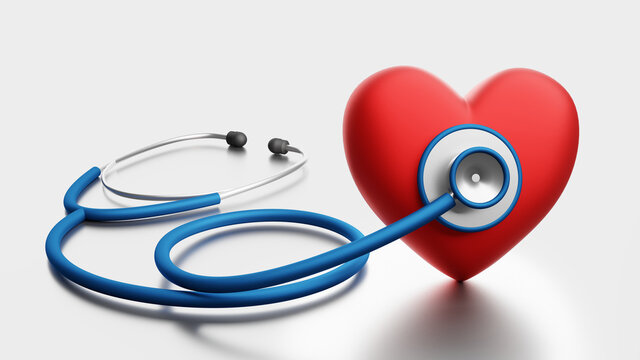 Stethoscope and heart on white background. Medical tool. 3d rendered illustration.