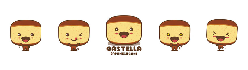 Cute castella cartoon mascot, japanese sponge cake vector illustration, with different facial expressions and poses