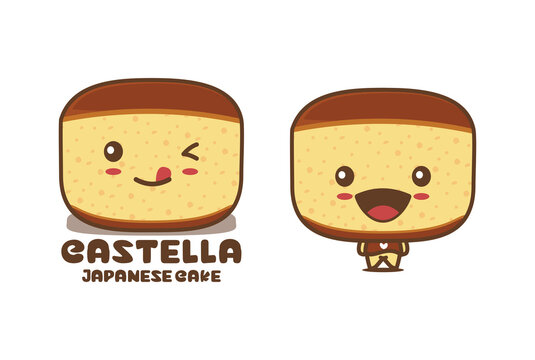 Cute castella cartoon mascot, japanese sponge cake vector illustration