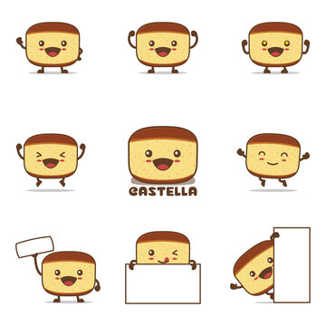 Cute castella cartoon, japanese sponge cake vector illustration, with happy facial expressions and different poses