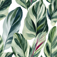 Seamless pattern of green tropical leaves, watercolor illustration, jungle design