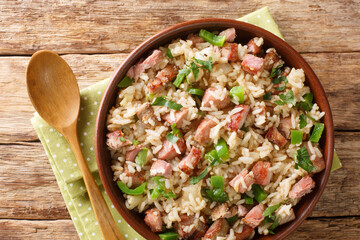 Arroz carreteiro is a hearty rice and meat dish close up in the bowl on the table. Horizontal top...