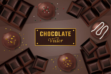 Chocolate Background Poster with chocolate bars, chocolate truffle, chocolate bombs, and sprinkles, gold plated label	