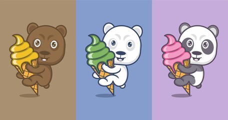 polar bear and cute cartoon panda together ice cream. vector illustration for mascot logo or sticker
